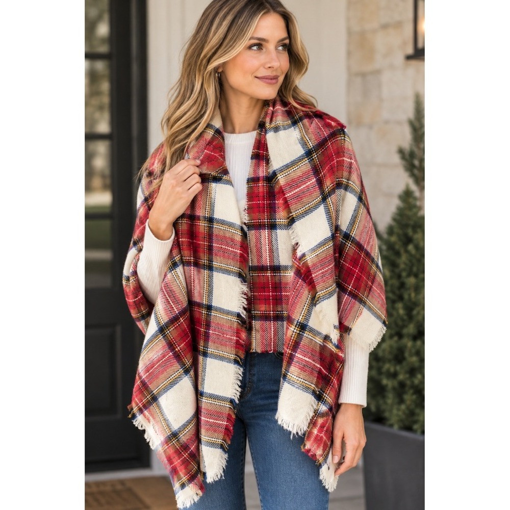 Womens Tartan Plaid Wrap Shawl Red Cream Blue Fringed Blanket Scarf 28X74"